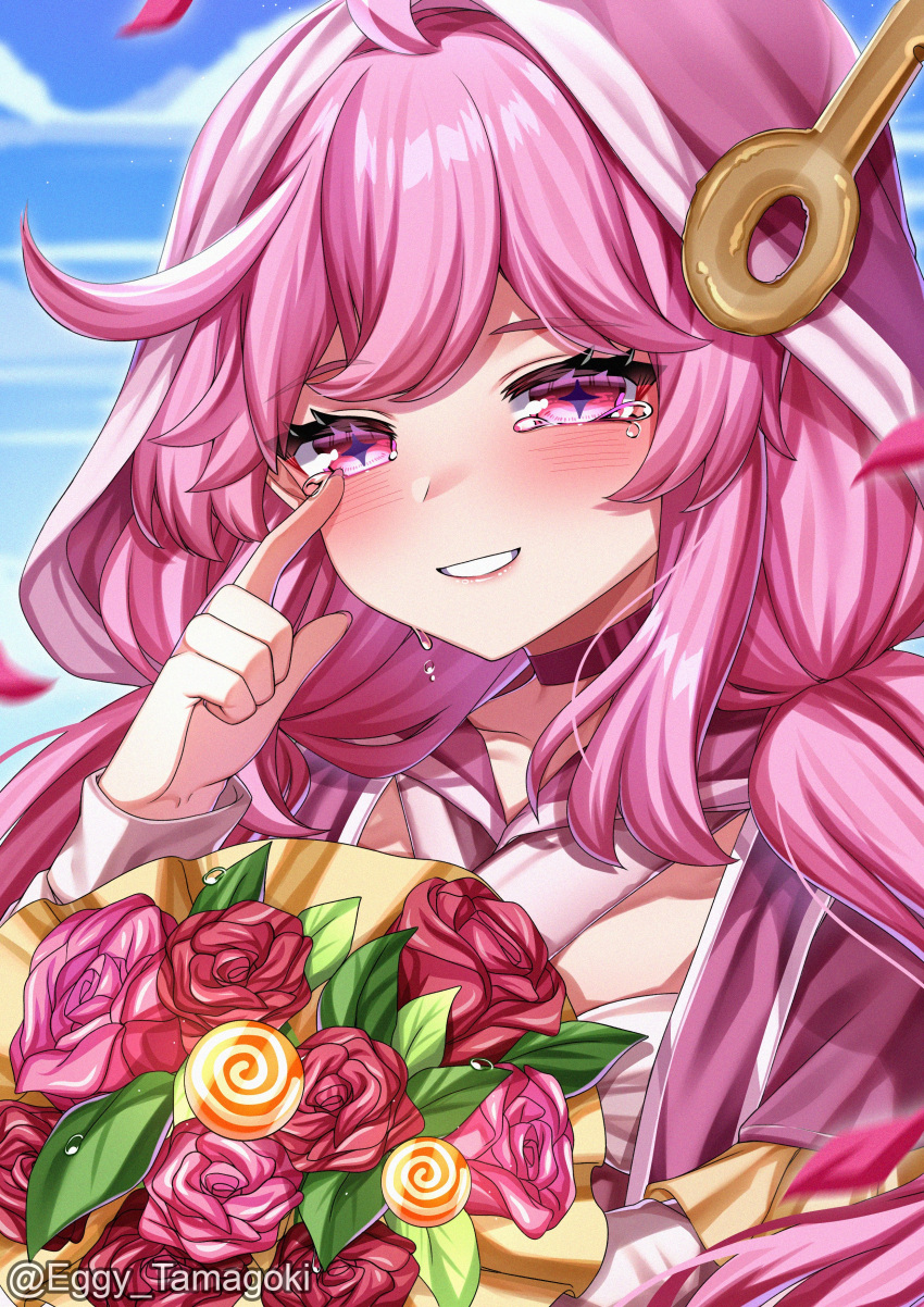 1girl absurdres ahoge blush bouquet breasts choker clouds collarbone crying crying_with_eyes_open eggy_tamagoki eien_project flower hair_ornament highres kiki_lockheart long_hair multicolored_hair pink_choker pink_flower pink_hair pink_rose red_flower red_rose rose sky smile solo streaked_hair symbol-shaped_pupils tears twitter_username upper_body virtual_youtuber white_hair