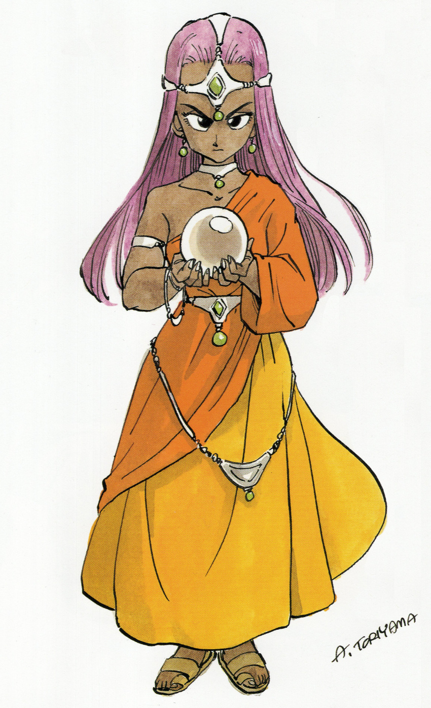 1girl absurdres armlet ball black_eyes bracelet breasts brown_footwear closed_mouth collarbone commentary crystal_ball dark-skinned_female dark_skin diadem dragon_quest dragon_quest_iv earrings eyelashes fingernails forehead_jewel full_body gem green_gemstone hair_slicked_back hands_up highres holding holding_ball holding_crystal indian_clothes jewelry legs_together long_hair long_skirt looking_at_viewer medium_breasts minea_(dq4) neck_ring official_art parted_bangs pendant_choker purple_hair sandals sari serious signature simple_background single_bare_shoulder skirt solo standing straight_hair toenails toriyama_akira waist_jewel white_background yellow_skirt