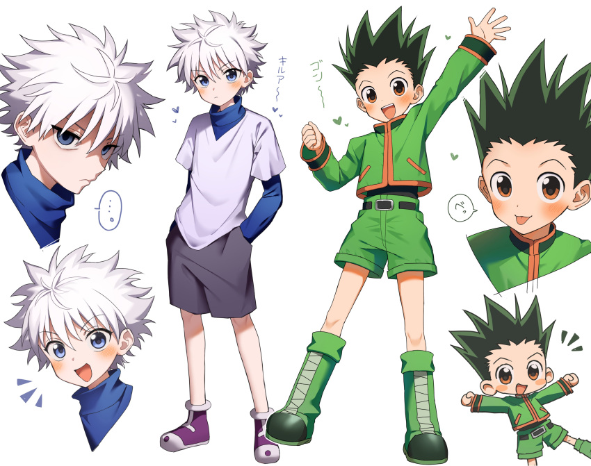 ... 2boys absurdres arm_up aruminsuko black_hair black_shorts blue_eyes boots brown_eyes character_name chibi clenched_hand closed_mouth gon_freecss green_footwear green_shorts hair_between_eyes hands_in_pockets heart highres hunter_x_hunter jacket killua_zoldyck layered_sleeves long_sleeves male_focus multiple_boys multiple_views open_mouth purple_footwear shirt shoes shorts simple_background spiky_hair spoken_ellipsis tongue tongue_out turtleneck white_background white_hair
