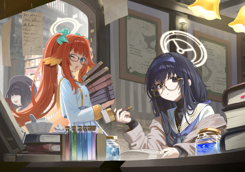 3girls bags_under_eyes beret black_hair black_hat blue_archive blue_eyes blush book cardigan glasses grey_cardigan hairband halo hat highres indoors jewelry jiki_(gkdlfnzo1245) justice_task_force_member_(blue_archive) long_hair long_sleeves looking_at_viewer multiple_girls neckerchief one_eye_closed open_mouth orange_hair paper pendant purple_hairband purple_neckerchief red_halo round_eyewear sailor_collar shimiko_(blue_archive) smile twintails ui_(blue_archive) violet_eyes white_sailor_collar yellow_halo