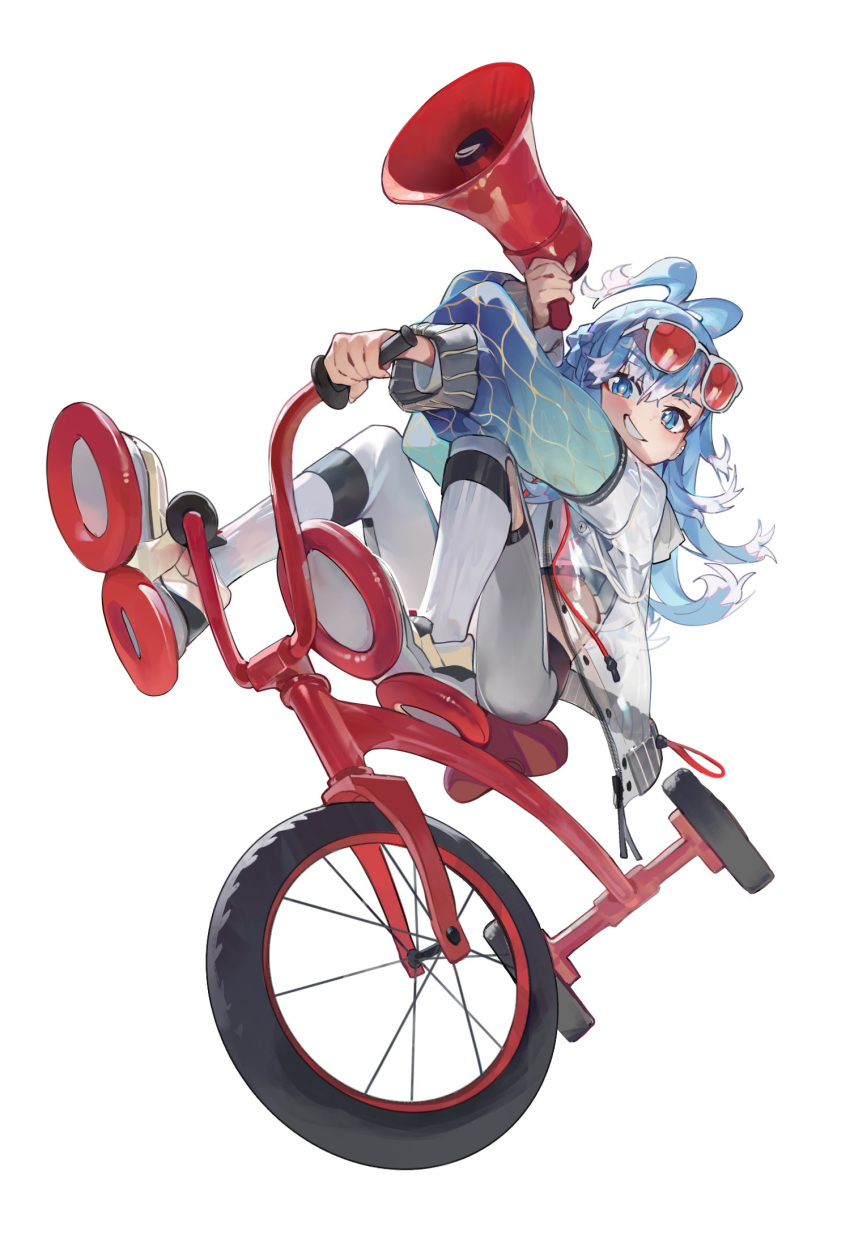 1girl antenna_hair blue_eyes blue_hair choppy_bangs ear_piercing fatur_rasid full_body highres holding holding_megaphone hololive hololive_indonesia jacket kobo_kanaeru long_hair looking_at_viewer megaphone multicolored_hair pants piercing riding_tricycle see-through see-through_jacket shoes sidelocks smirk sneakers streaked_hair sunglasses tank_top tricycle two-tone_hair vtrube whit_hair white_background white_pants white_tank_top