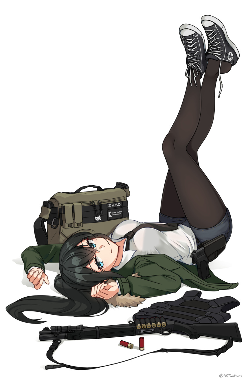 1girl absurdres arms_up beretta_1301 black_footwear black_hair black_necktie black_pantyhose blue_eyes breasts bulletproof_vest character_name closed_mouth commentary_request crossed_legs full_body green_jacket grey_shorts gun highres jacket long_hair lying medium_breasts ndtwofives necktie on_back open_clothes open_jacket original pantyhose pantyhose_under_shorts ponytail shoes short_shorts shorts shotgun shotgun_shell simple_background smile solo twitter_username vivian_zhao weapon white_background