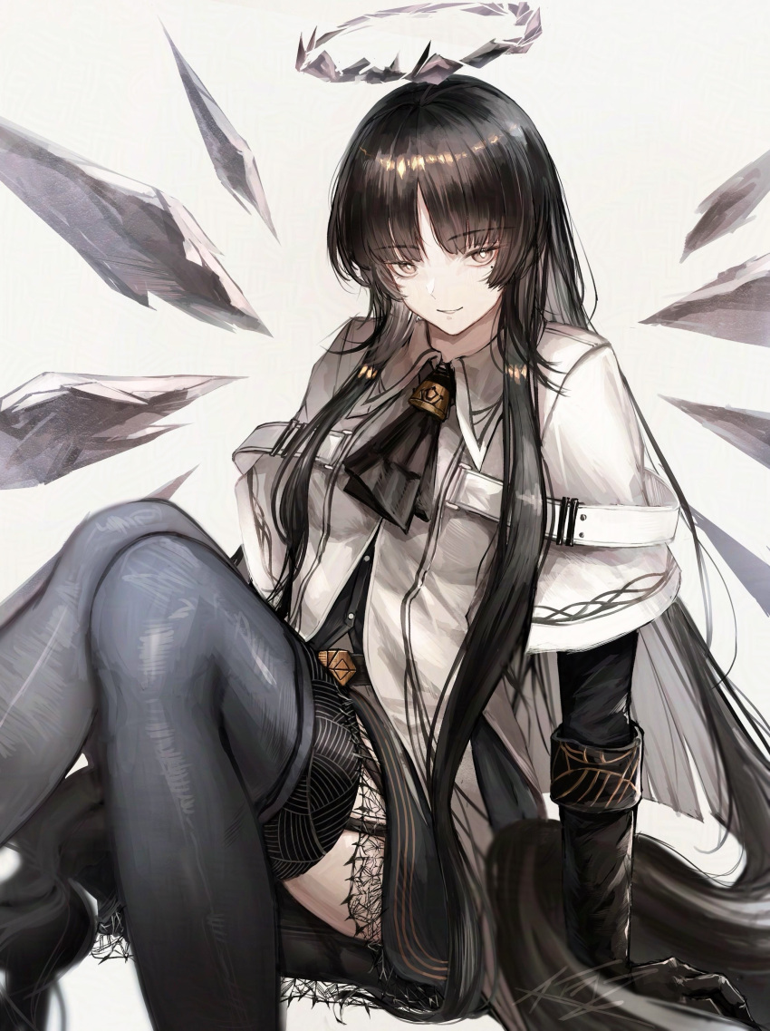 1girl absurdres arknights ascot black_ascot black_gloves black_hair black_skirt black_thighhighs bright_pupils commentary donata_(donatasama) feet_out_of_frame garter_straps gloves grey_background grey_eyes halo highres knees_up long_hair looking_at_viewer miniskirt shirt simple_background sitting skirt solo thigh-highs thighs very_long_hair virtuosa_(arknights) white_pupils white_shirt