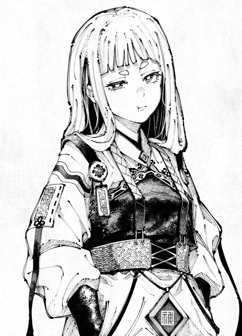 1girl :t absurdres black_eyes blunt_bangs breasts brooch closed_mouth diamond_(shape) doi_nau dress eyelashes greyscale hair_flowing_over half-closed_eyes hands_in_pockets hatching_(texture) head_tilt highres hikimayu jewelry knot long_hair long_sleeves looking_at_viewer monochrome o-ring original paper_texture pout sash seigaiha short_eyebrows sidelocks sleeve_cuffs small_breasts solo standing strap thick_eyebrows upper_body white_background
