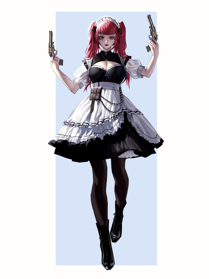 1girl absurdres brown_pantyhose cleavage_cutout clothing_cutout cross cross_necklace emo37337640 gun highres holding holding_gun holding_weapon jewelry long_hair maid maid_headdress necklace original pantyhose pouch puffy_sleeves red_eyes redhead revolver solo tongue tongue_out twintails unconventional_maid weapon