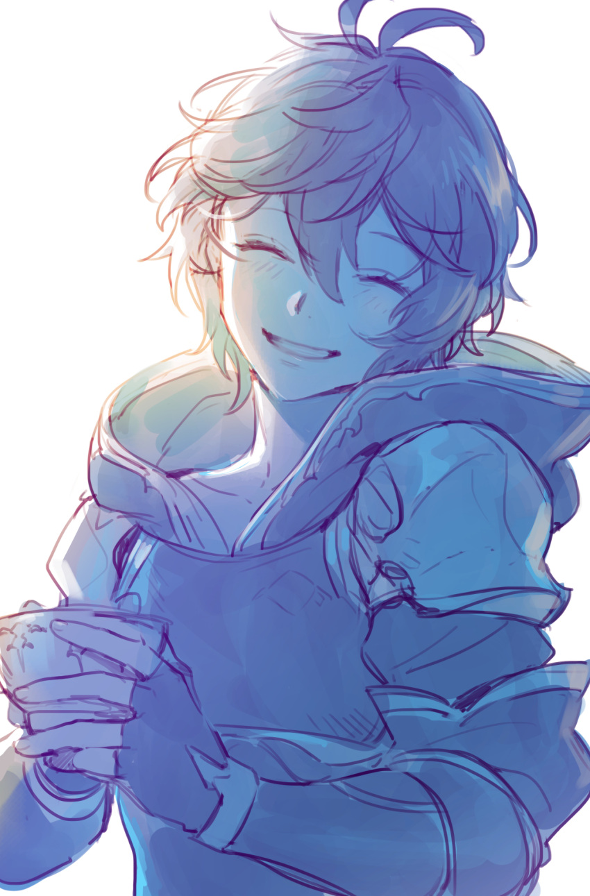1boy ahoge armor bishounen blue_light breastplate closed_eyes coffee_cup commentary commentary_request cowboy_shot cup disposable_cup granblue_fantasy hair_between_eyes highres holding holding_cup hood hood_down light_blush light_smile limited_palette messy_hair sandalphon_(granblue_fantasy) short_hair sketch tki upper_body white_background