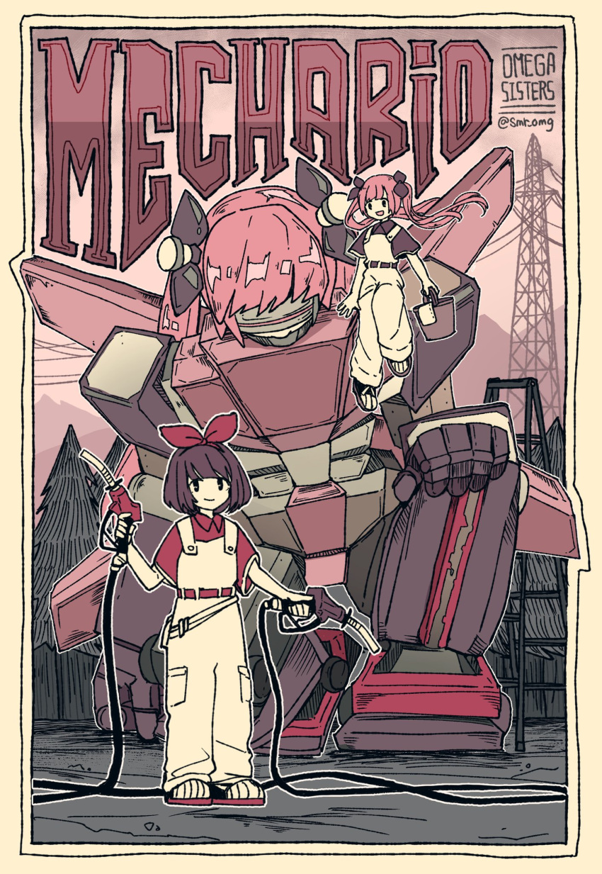 2girls alternate_costume black_eyes black_hair black_sleeves bob_cut border brown_border bucket commentary_request copyright_name day floating_hair full_body gas_pump_nozzle hair_ribbon highres holding holding_bucket ladder looking_at_viewer maintenance mecha mountainous_horizon multiple_girls omega_rei omega_rio omega_sisters on_one_knee outdoors overalls pine_tree pink_hair rag ribbon robot shoes short_hair short_sleeves sitting sitting_on_mecha smile smr_omg standing transmission_tower tree twintails twitter_username white_overalls