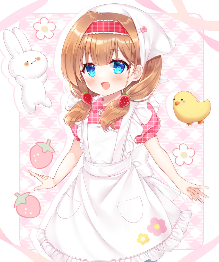 1girl :d apron blue_pantyhose brown_hair collared_shirt commission copyright_request flower food frilled_apron frills fruit hair_over_shoulder hairband head_scarf highres long_hair low_twintails pantyhose pink_shirt plaid plaid_background plaid_shirt puffy_short_sleeves puffy_sleeves red_hairband shikito_(yawa0w0) shirt short_sleeves skeb_commission smile solo strawberry stuffed_animal stuffed_bird stuffed_rabbit stuffed_toy twintails white_apron white_flower