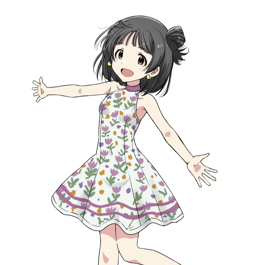 1girl armpits bare_shoulders black_hair blunt_bangs blush breasts collarbone cowboy_shot dot_nose dress earrings eyelashes floral_print floral_print_dress hair_bun highres idolmaster idolmaster_million_live! idolmaster_million_live!_theater_days jewelry matcha_kingyo medium_hair nakatani_iku official_alternate_costume open_hands open_mouth outstretched_arms print_dress sidelocks single_side_bun sleeveless small_breasts solo spread_arms wind wind_lift