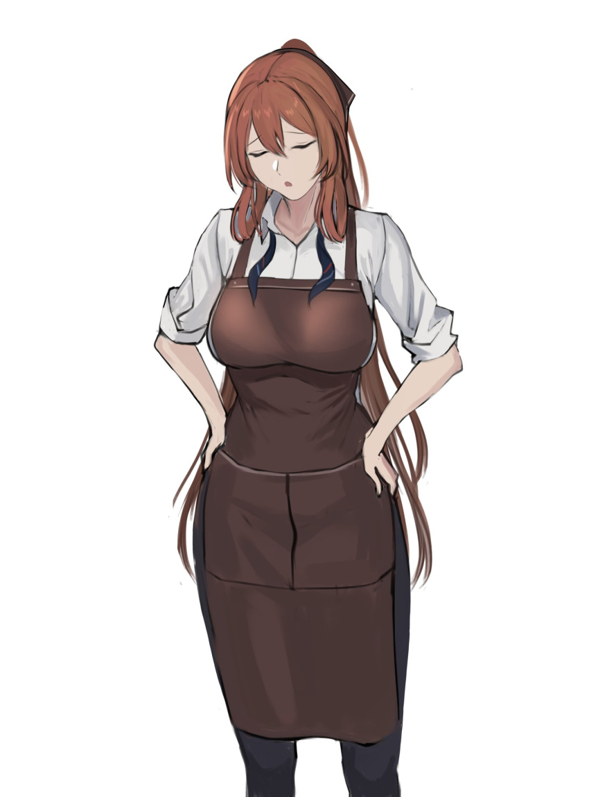 1girl apron black_pants brown_apron brown_hair closed_eyes collared_shirt commentary feet_out_of_frame girls_frontline hands_on_own_hips high_ponytail highres long_hair open_mouth pants seilindekos shirt simple_background sleeves_rolled_up solo springfield_(girls'_frontline) standing very_long_hair white_background white_shirt