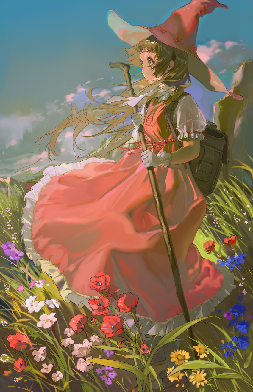 1girl absurdres backpack bag blue_flower blue_sky brown_hair cane clouds commentary day dress floating_hair flower frilled_dress frilled_sleeves frills from_side full_body gloves grass green_eyes hat highres holding holding_cane long_hair looking_afar looking_ahead meadow neck_ribbon original outdoors pink_dress pink_hat poppy_(flower) puffy_short_sleeves puffy_sleeves red_flower ribbon scenery short_sleeves sky smile solo standing symbol-only_commentary tamomoko white_gloves wind witch_hat
