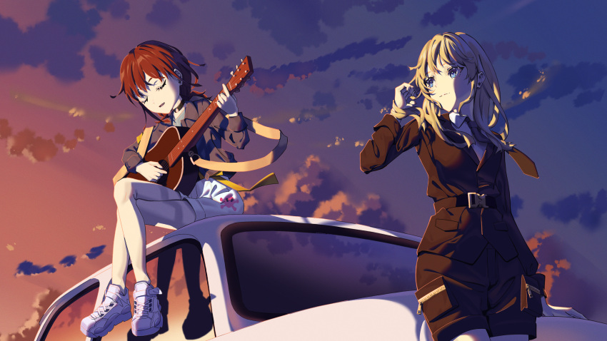 2girls absurdres acoustic_guitar black_jacket black_shirt black_shorts blue_eyes car closed_eyes closed_mouth clouds commentary_request dusk girls_band_cry guitar highres instrument iseri_nina jacket kawaragi_momoka light_brown_hair long_hair long_sleeves motor_vehicle multiple_girls outdoors parted_lips playing_guitar redhead shadow shirt shoes short_twintails shorts sitting smile sneakers sunset tu_pao_diao_yu_shao twintails white_footwear white_shorts