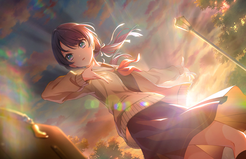 1girl bag blue_eyes blue_hair blue_ribbon brown_cardigan brown_dress cardigan dress dutch_angle feet_out_of_frame game_cg hair_flowing_over hair_ribbon hasu_no_sora_school_uniform highres lamppost lens_flare lens_flare_abuse link!_like!_love_live! long_hair long_sleeves love_live! low_twintails mole mole_on_neck murano_sayaka neckerchief official_art open_mouth outstretched_arm pleated_dress red_neckerchief ribbon sailor_collar sailor_dress school_bag school_uniform solo sunset third-party_source twintails white_sailor_collar winter_uniform