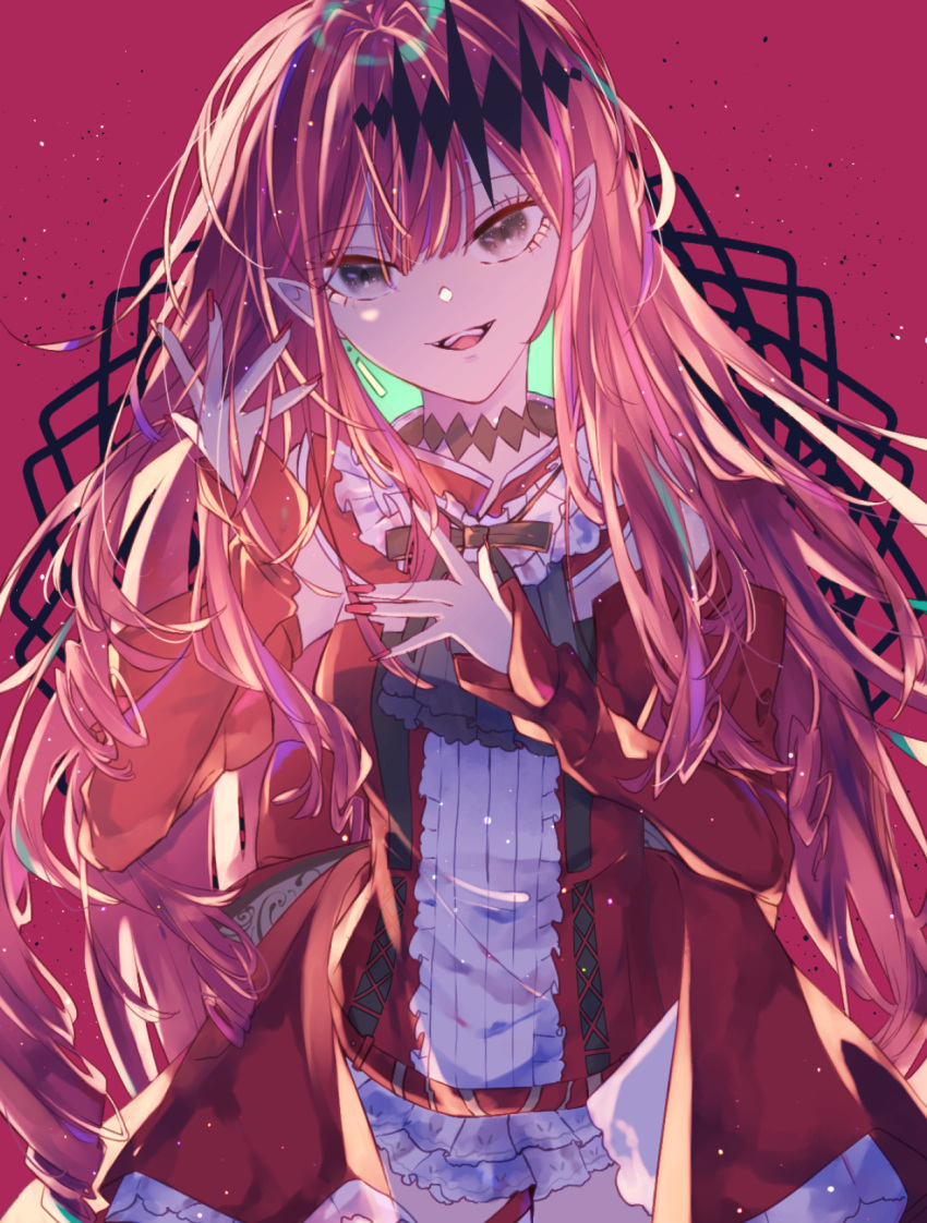 1girl baobhan_sith_(fate) baobhan_sith_(first_ascension)_(fate) detached_sleeves dress earrings fate/grand_order fate_(series) frilled_dress frills grey_eyes hair_ornament hand_up highres jewelry long_hair looking_at_viewer nail_polish necktie open_mouth pink_background pink_hair pointy_ears red_dress red_necktie sidelocks smile solo sonano_(shiratama) teeth upper_teeth_only