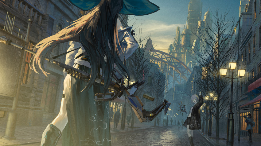 2girls absurdres architecture black_hair black_jacket black_shorts building clouds from_behind grey_hair gyoukan_(jfxc) hat highres jacket lamppost long_hair multiple_girls off_shoulder open_clothes open_jacket original outdoors road shorts sky street thigh_strap tree waving weapon_behind_back witch_hat