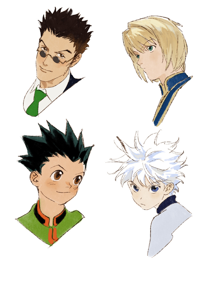 4boys blonde_hair blue_eyes brown_eyes brown_hair chengongzi123 collared_shirt commentary glasses gon_freecss green_hair green_necktie highres hunter_x_hunter killua_zoldyck kurapika leorio_paladiknight looking_at_another looking_at_viewer looking_to_the_side male_focus mandarin_collar multiple_boys necktie portrait round_eyewear shirt short_hair simple_background smile spiky_hair symbol-only_commentary very_short_hair white_background white_hair white_shirt