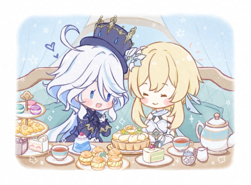 2girls :d ^_^ ahoge asymmetrical_gloves black_gloves blonde_hair blue_eyes blue_hair blue_hat blue_jacket blush blush_stickers border cake cake_slice cape cherry chibi closed_eyes closed_mouth commentary_request couch cream_puff creamer_(vessel) cup curtains dress feather_hair_ornament feathers flower food fruit furina_(genshin_impact) gelatin genshin_impact gloves hair_between_eyes hair_flower hair_intakes hair_ornament hands_up hat heart heterochromia indoors jacket jar long_hair long_sleeves lumine_(genshin_impact) macaron madeleine mismatched_gloves multicolored_hair multiple_girls notice_lines on_couch open_clothes open_jacket open_mouth parted_bangs pie pigumon pillow saucer shirt short_hair_with_long_locks sidelocks sitting sleeve_cuffs sleeveless sleeveless_dress smile solid_oval_eyes sparkle strawberry_shortcake streaked_hair sugar_cube swept_bangs table tea teacup teapot tiered_tray tilted_headwear top_hat tray vambraces whipped_cream white_border white_cape white_dress white_flower white_gloves white_hair white_shirt