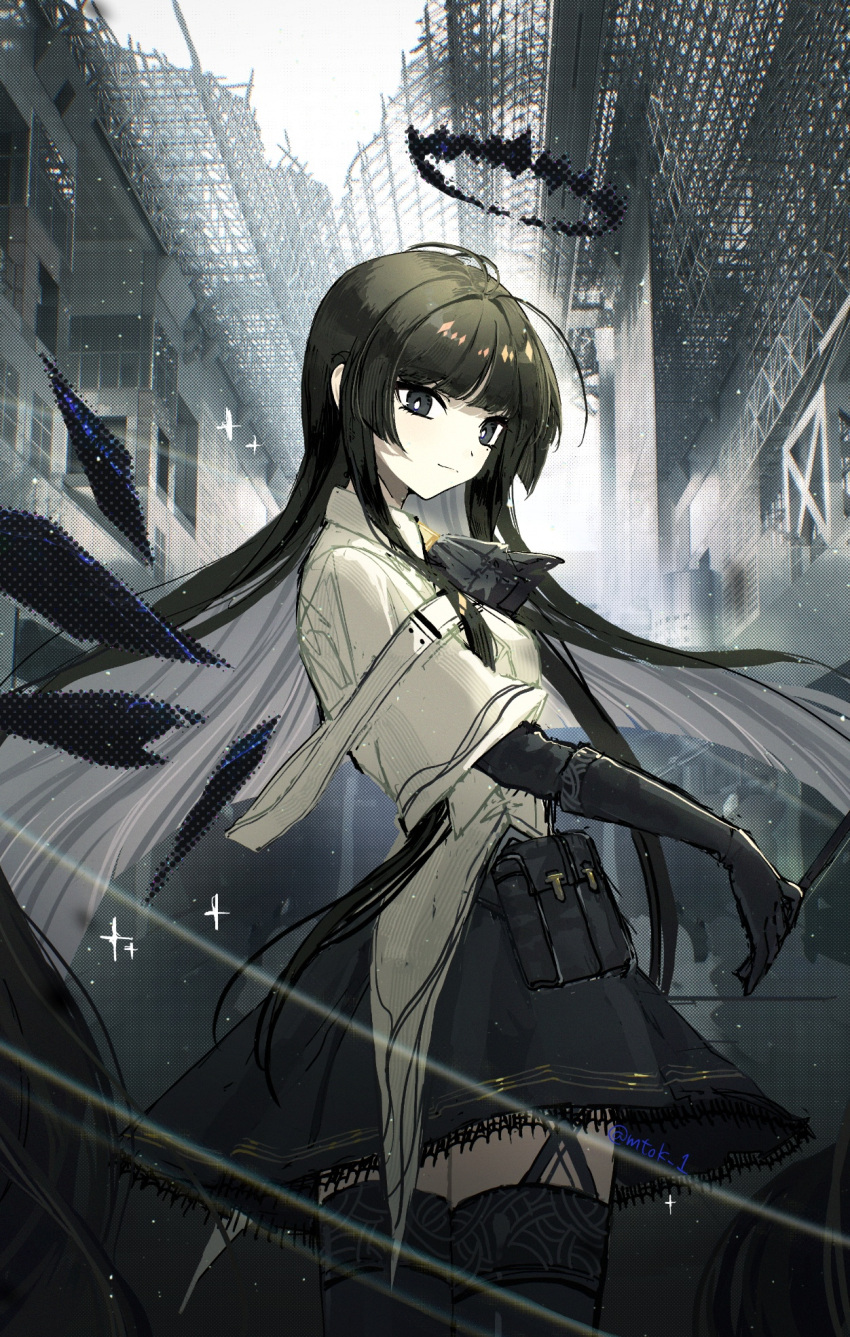 1girl ahoge antenna_hair arknights artist_name ascot belt belt_pouch black_ascot black_belt black_eyes black_garter_straps black_gloves black_hair black_halo black_skirt black_thighhighs black_wings blunt_bangs blurry blurry_background blurry_foreground bow_(music) breasts bright_pupils broken_halo building clear_sky closed_mouth coat collared_coat colored_inner_hair commentary cowboy_shot dark_halo depth_of_field detached_wings energy_wings floating_hair from_side garter_straps gloves grey_hair grey_sky halftone halo highres hime_cut holding holding_bow_(music) lace-trimmed_skirt lace_trim layered_sleeves light_particles light_rays light_smile long_hair long_sleeves looking_at_viewer looking_to_the_side matsuoka_(mtok_0) miniskirt mole mole_under_eye multicolored_hair outdoors pouch shadow short_over_long_sleeves short_sleeves sidelocks skirt sky small_breasts solo sparkle standing straight_hair strap sunlight tailcoat thigh-highs twitter_username two-tone_hair very_long_hair virtuosa_(arknights) white_coat white_pupils wing_collar wings zettai_ryouiki