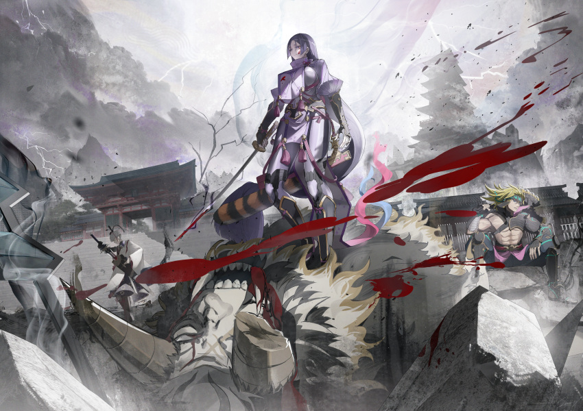 1girl 2boys abs arm_guards armor axe bare_pectorals blonde_hair blue_eyes bodysuit bowl_cut breasts chest_harness fate/grand_order fate_(series) fingerless_gloves gloves grey_hair hadanugi_dousa harness hat headband heian highres holding holding_axe huge_breasts igote japanese_armor japanese_clothes kote long_hair looking_at_viewer low-tied_long_hair minamoto_no_raikou_(fate) multiple_boys muscular muscular_male official_alternate_costume over_shoulder parted_bangs pectorals purple_bodysuit purple_hair ribbed_sleeves rope sakata_kintoki_(fate) sakata_kintoki_(heian_warrior_attire)_(fate) short_hair single_bare_shoulder very_long_hair violet_eyes watanabe_no_tsuna_(fate) weapon weapon_over_shoulder yukai_nao