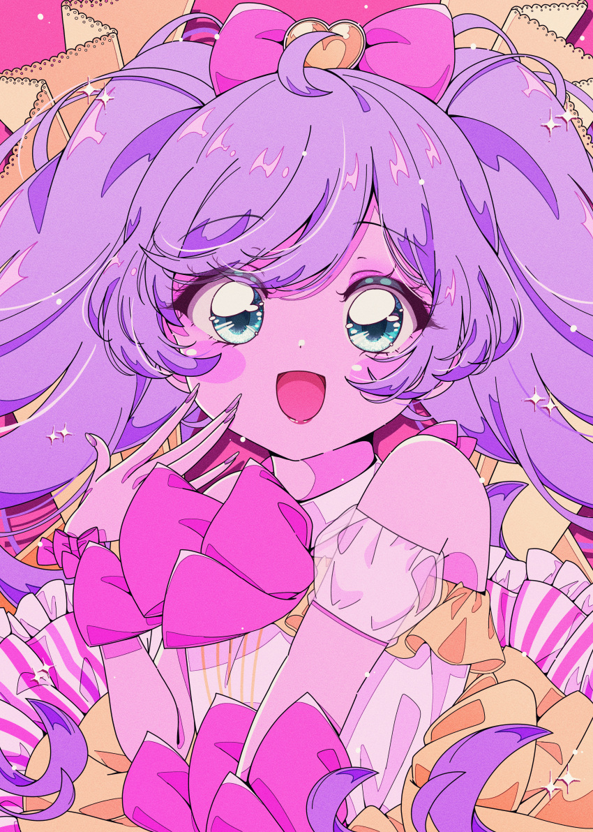 1girl :d absurdres ahoge blue_eyes blush bow detached_sleeves hair_bow hand_up heart highres idol_clothes ligne_claire long_hair looking_at_viewer manaka_laala milon_cas open_mouth pink_bow pink_nails pretty_series pripara puffy_detached_sleeves puffy_sleeves purple_hair red_lips retro_artstyle smile solo sparkle twintails upper_body very_long_hair