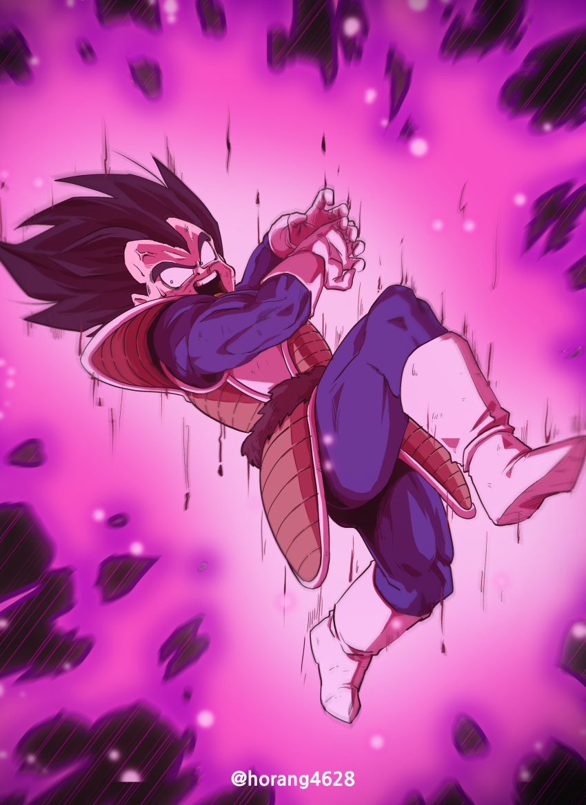 1boy absurdres angry armor artist_name aura black_hair blue_bodysuit bodysuit boots constricted_pupils dragon_ball dragon_ball_z flying full_body furious gloves highres horang4628 male_focus monkey_tail muscular muscular_male open_mouth saiyan saiyan_armor solo spiky_hair sweat tail tail_around_waist teeth upper_teeth_only vegeta veins white_footwear white_gloves widow's_peak