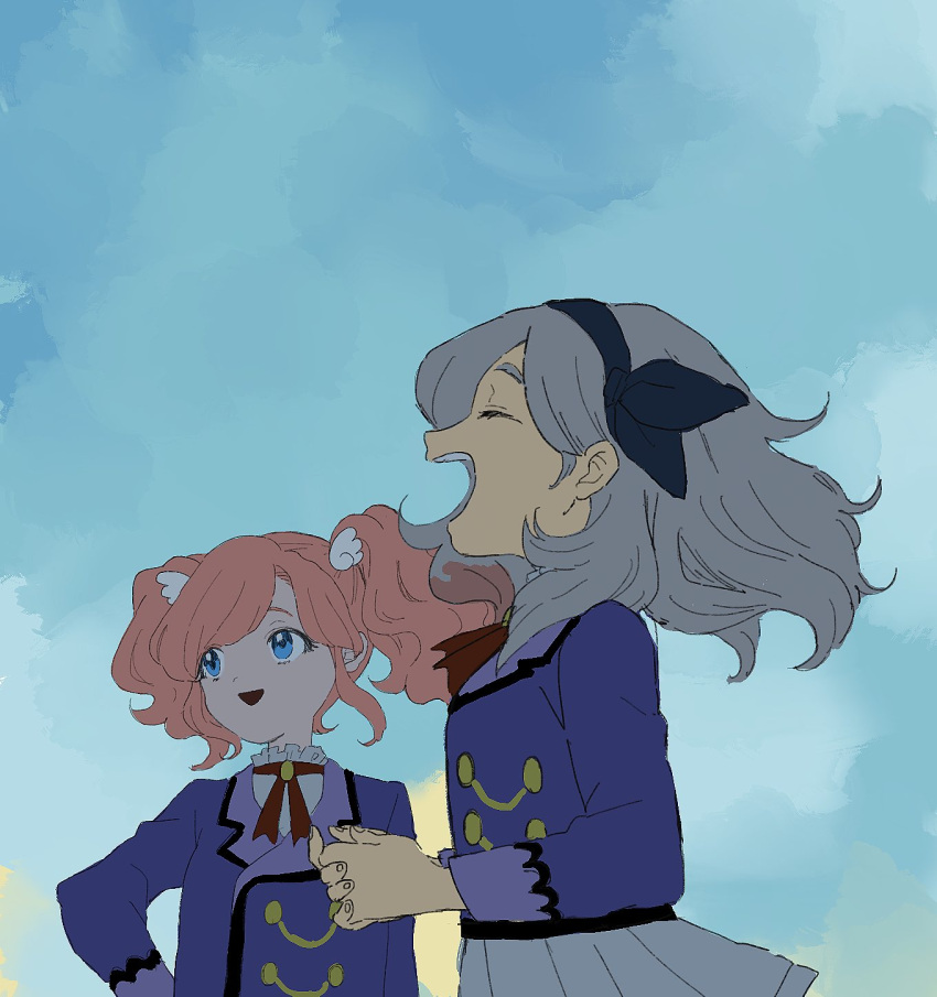 2girls aikatsu! aikatsu!_(series) amahane_madoka black_hairband blue_eyes blue_jacket blue_sky brooch closed_eyes clouds cloudy_sky commentary cowboy_shot floating_hair from_side grey_hair hairband hand_on_own_hip highres jacket jewelry kurosawa_rin_(aikatsu!) long_hair long_sleeves looking_to_the_side matching_outfits multicolored_hair multiple_girls neck_ribbon open_mouth osouzai-kun own_hands_clasped own_hands_together pink_hair pleated_skirt profile red_ribbon redhead ribbon school_uniform shirt skirt sky smile streaked_hair symbol-only_commentary twintails white_shirt white_skirt wing_hair_ornament