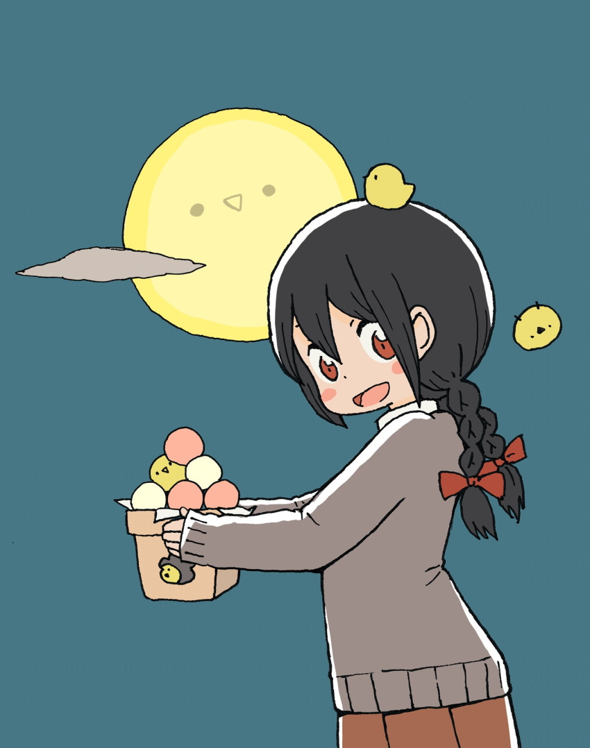 1girl animal animal_on_head bird black_hair blue_sky blush_stickers bow braid brown_eyes brown_skirt chick chick_girl_(yukimoto_shuuji_(gurigura)) commentary_request dango day food from_side full_moon grey_sweater hair_bow highres holding long_hair long_sleeves looking_at_viewer looking_to_the_side low_twintails moon on_head original outdoors pleated_skirt red_bow skirt sky sleeves_past_wrists solo sweater twin_braids twintails wagashi yukimoto_shuuji_(gurigura)