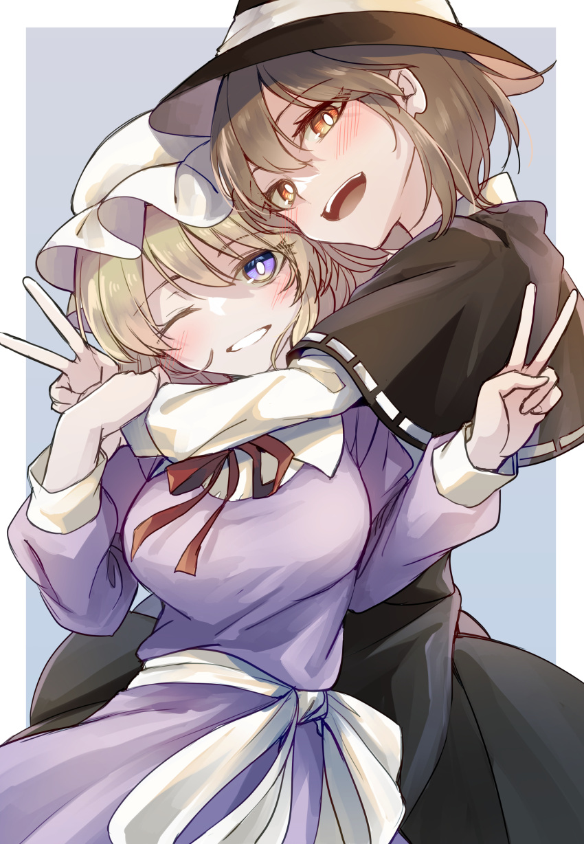 2girls :d ;d absurdres black_capelet black_hair black_hat black_skirt blonde_hair blush bow breasts bright_pupils capelet collared_shirt dress frilled_hat frills grabbing grey_background grin hair_between_eyes hat hat_ornament highres holding_another's_wrist hug juliet_sleeves kinese_(katasutorohu) long_skirt long_sleeves looking_at_viewer maribel_hearn medium_breasts medium_hair multiple_girls neck_ribbon one_eye_closed open_mouth orange_eyes puffy_long_sleeves puffy_sleeves purple_dress red_ribbon ribbon ribbon-trimmed_capelet ribbon_trim shirt simple_background skirt smile teeth tongue touhou two-tone_background upper_teeth_only usami_renko v waist_bow white_background white_bow white_hat white_pupils white_shirt