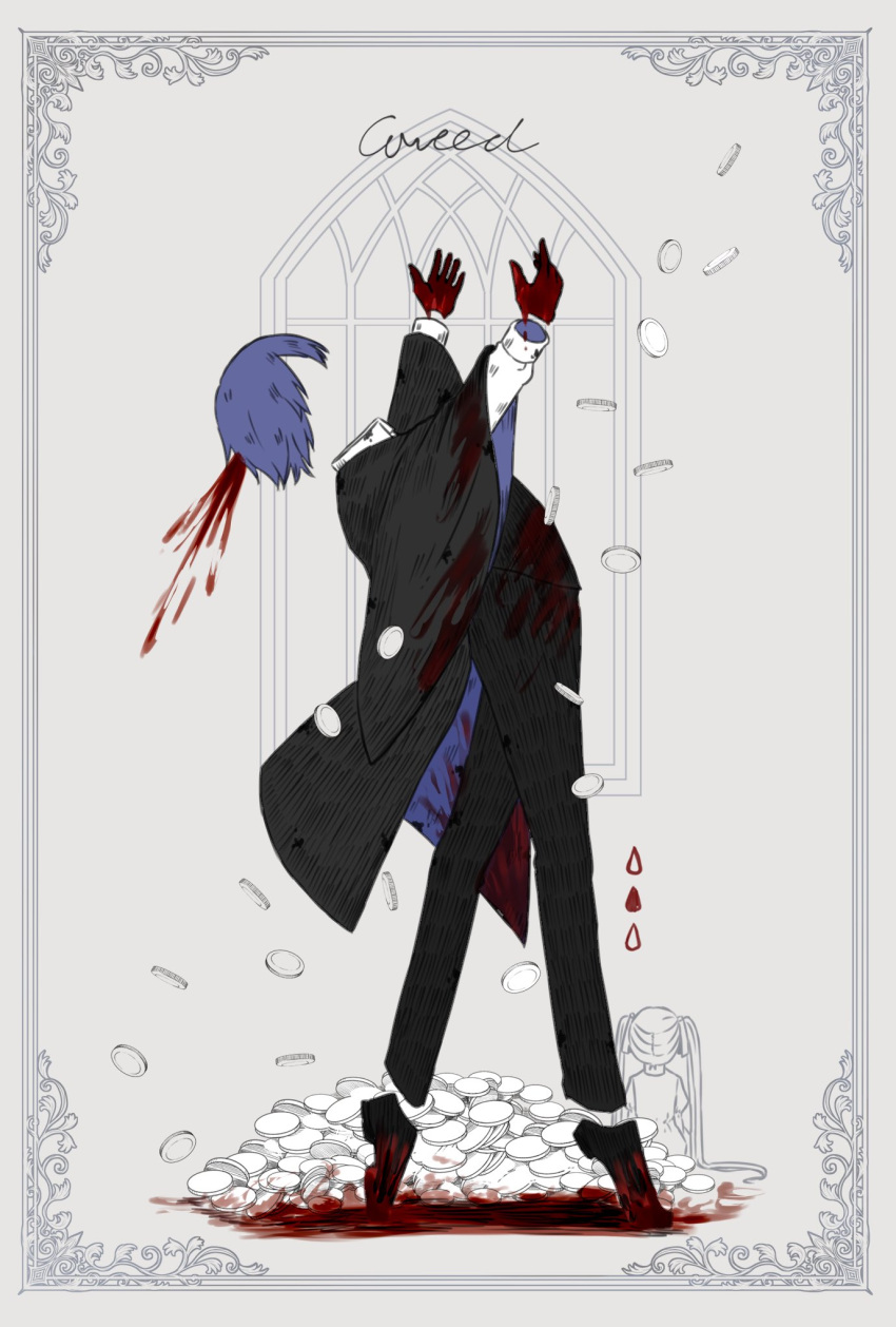 1boy arms_up black_cape black_footwear black_pants blood blood_on_hands blue_hair cape coin dancing doll highres invisible kaito_(vocaloid) kuiruri long_hair long_sleeves male_focus pants picture_frame shirt shoes solo twintails very_long_hair vocaloid white_shirt window