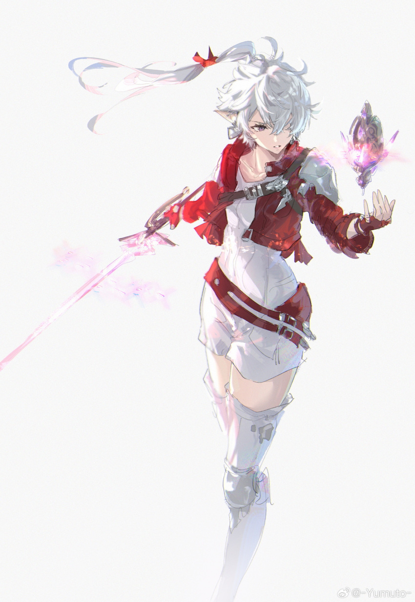 1girl absurdres ahoge alisaie_leveilleur armor boots chinese_commentary collarbone commentary_request cropped_jacket earclip elezen elf feet_out_of_frame final_fantasy final_fantasy_xiv fingerless_gloves floating floating_hair floating_object floating_weapon gloves hair_over_one_eye hair_ribbon highres holding holding_sword holding_weapon jacket knee_pads long_hair one_eye_covered parted_lips pauldrons pointy_ears ponytail red_gloves red_jacket red_mage_(final_fantasy) ribbon romper serious shoulder_armor shoulder_belt simple_background single_pauldron sketch solo standing sword thigh_boots violet_eyes weapon weibo_logo weibo_username white_background white_footwear white_hair white_romper yumuto_(spring1786)