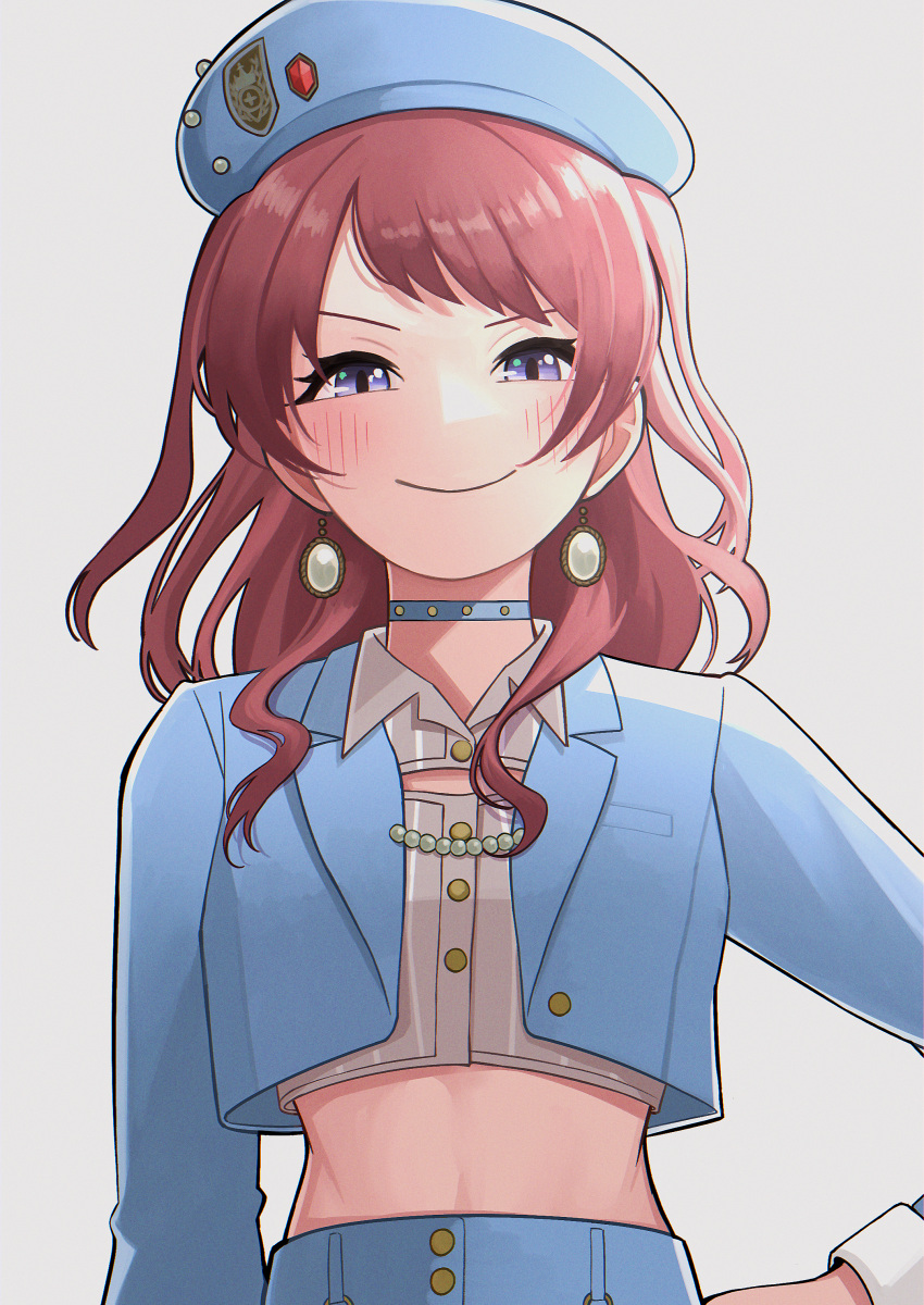1girl absurdres beret blue_choker blue_hat blue_jacket blush boom_boom_pow_(idolmaster) choker cleavage_cutout clothing_cutout commentary cropped_jacket cropped_shirt gakuen_idolmaster hanami_saki hat highres idolmaster jacket long_hair looking_at_viewer midriff redhead shirt simple_background smile solo tk_nomanomayei violet_eyes white_background white_shirt