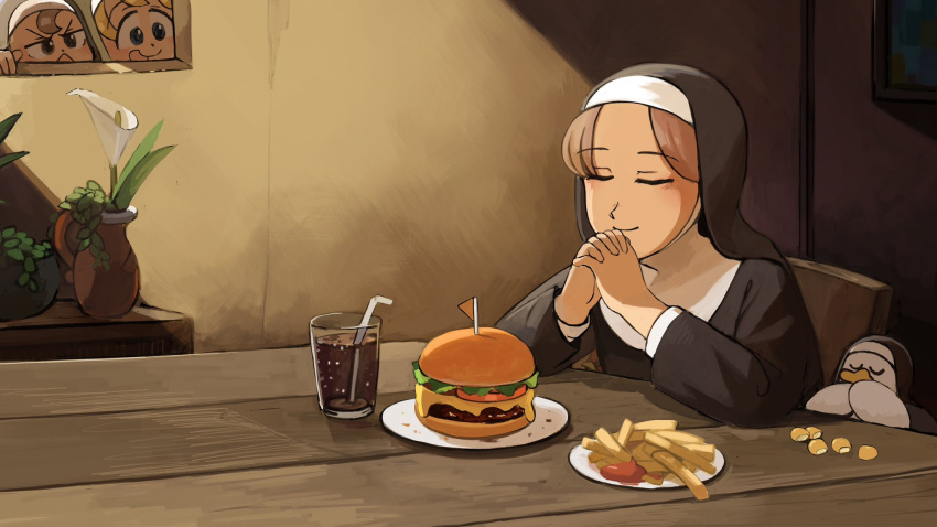 3girls bendy_straw bird blonde_hair blue_eyes brown_eyes brown_hair burger chicken closed_eyes clumsy_nun_(diva) cola corn cup diva_(hyxpk) drinking_glass drinking_straw duck english_commentary flower food french_fries froggy_nun_(diva) habit highres hungry_nun_(diva) little_nuns_(diva) multiple_girls nun own_hands_clasped own_hands_together plate praying sitting table traditional_nun vase