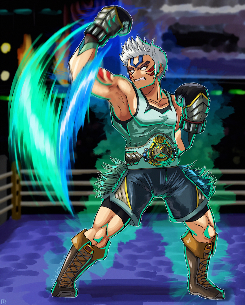absurdres alternate_costume alternate_eye_color alternate_hair_color armor aura belt blue_gemstone boxer boxing_ring boxing_shorts clenched_teeth corruption crescent crossover dark_persona english_text facial_tattoo fierce_deity gem glowing highres little_mac male_focus muscular nintendo no_pupils possessed punch-out!! punching short_hair shorts sleeveless standing stoic_seraphim super_smash_bros. tank_top tattoo teeth the_legend_of_zelda the_legend_of_zelda:_majora's_mask triangle uppercut white_eyes white_hair wrist_guards
