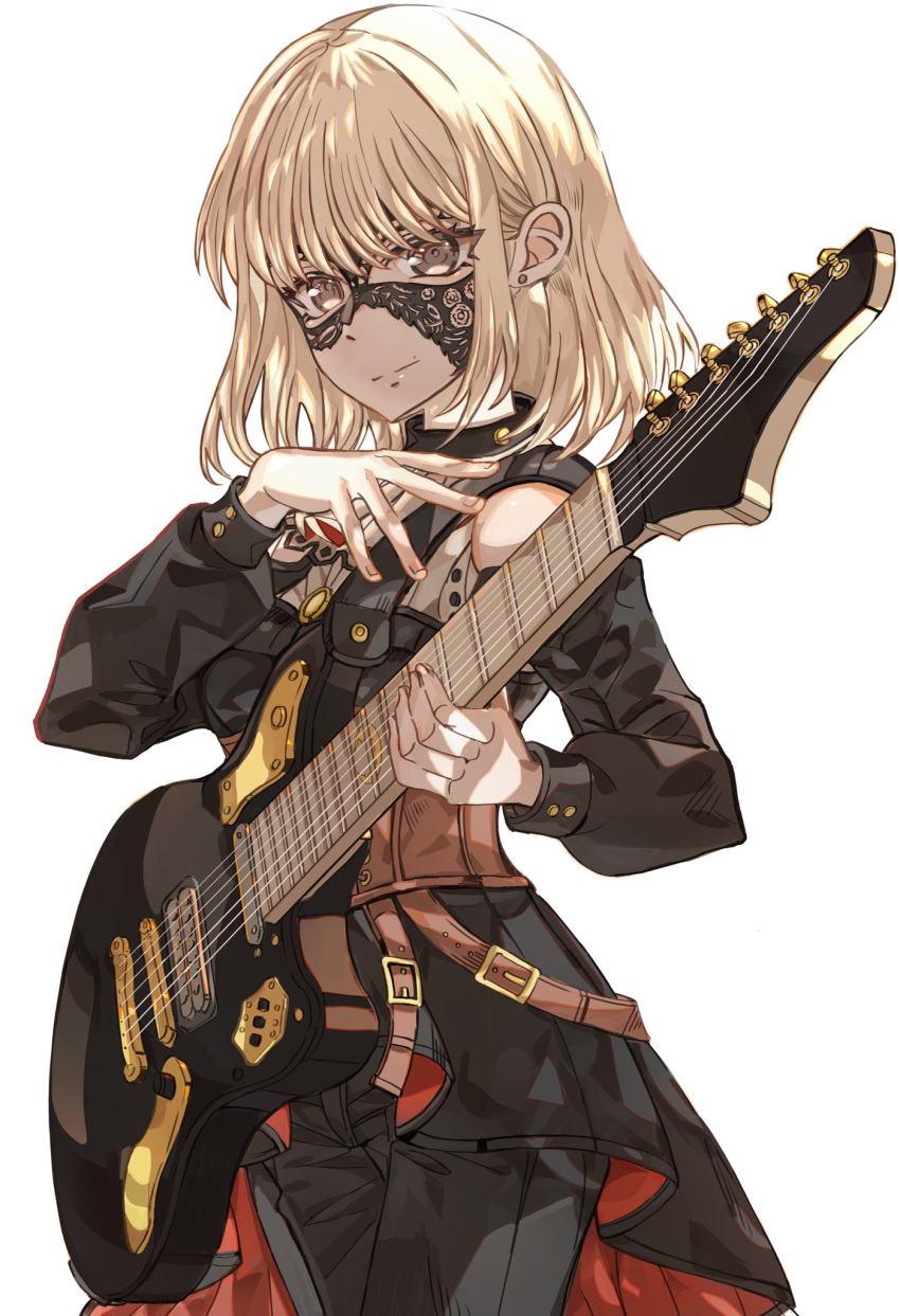 1girl bang_dream! bang_dream!_it's_mygo!!!!! black_mask black_pants black_shirt black_skirt blonde_hair brown_corset chinese_commentary closed_mouth commentary_request corset earrings grey_eyes hand_up highres holding holding_instrument instrument jewelry junjun_(kimi-la) long_sleeves looking_at_viewer mask masquerade_mask medium_hair misumi_uika pants shirt simple_background skirt solo stud_earrings white_background