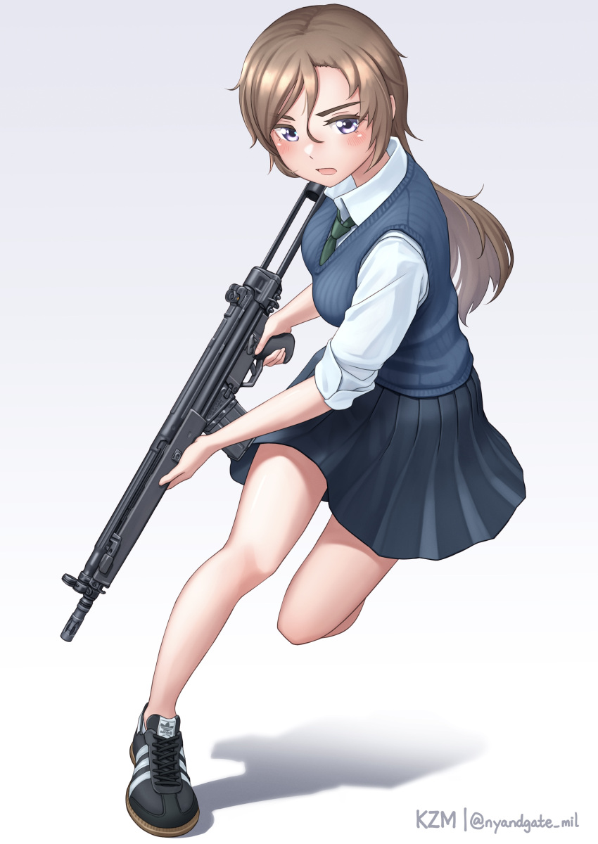 1girl absurdres adidas artist_name battle_rifle black_footwear black_skirt blue_eyes blue_skirt blue_sweater_vest blush breasts brown_hair collared_shirt commentary_request dress_shirt frown full_body gradient_background green_necktie grey_background gun h&amp;k_g3 hair_between_eyes highres holding holding_gun holding_weapon kzm_(sub-moa_works) leaning_to_the_side leg_up long_hair long_sleeves looking_at_viewer medium_breasts miniskirt necktie no_socks open_mouth original parted_bangs pleated_skirt rifle running school_uniform shadow shirt shoes skirt sleeves_rolled_up sneakers solo standing standing_on_one_leg sweater_vest twitter_username very_long_hair violet_eyes weapon white_background white_shirt wing_collar
