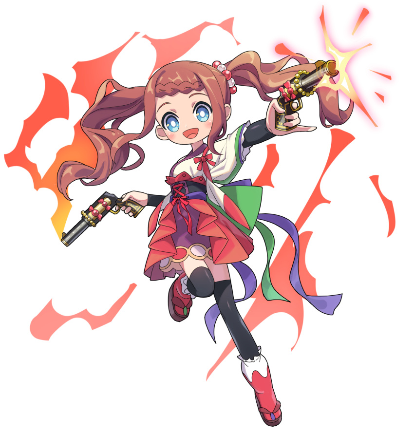 1girl :d black_corset black_thighhighs blue_eyes bonbon_(merc_storia) bow braid bright_pupils brown_hair corset dot_nose dual_wielding full_body gun hair_ornament highres holding holding_gun holding_weapon ishidai_(ishidai4682) long_hair looking_at_viewer merc_storia open_mouth purple_skirt red_bow red_socks sandals skirt smile socks solo thigh-highs twintails weapon white_background zettai_ryouiki