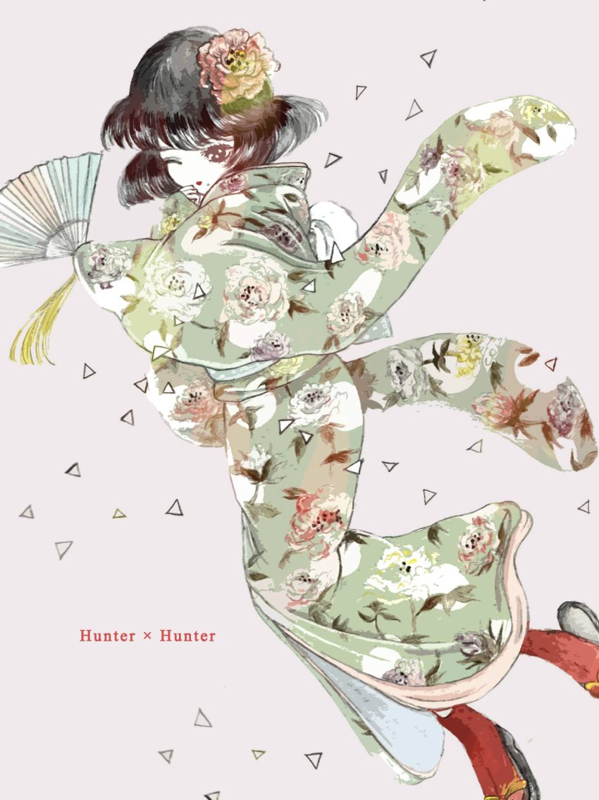 1boy androgynous arm_up black_eyes black_hair bob_cut confetti copyright_name floating_hair floral_print flower flying_paper folding_fan green_kimono hair_floating_upwards hair_flower hair_ornament hand_fan highres holding holding_fan hunter_x_hunter japanese_clothes kalluto_zoldyck kimono lipstick long_bangs looking_at_viewer makeup mole mole_under_mouth obi one_eye_closed oopartz paper puckered_lips red_footwear sash short_hair simple_background tabi wide_sleeves