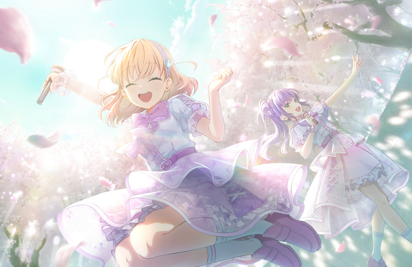 2girls :d ^_^ ankle_socks arm_up backlighting belt blue_sky bow bowtie cherry_blossoms clenched_hands closed_eyes cross-laced_clothes cross-laced_sleeves crossed_bangs dappled_sunlight falling_petals game_cg green_eyes hair_bun hair_ornament hairband hand_up highres hinoshita_kaho holding holding_microphone jumping link!_like!_love_live! loafers long_hair love_live! medium_hair microphone multiple_girls official_alternate_costume official_art open_mouth orange_hair otomune_kozue outstretched_arm outstretched_hand petals pink_belt pink_bow pink_bowtie pink_footwear pink_hairband pink_petals purple_hair purple_shirt rabbit_hair_ornament see-through_skirt_layer shirt shoes side_ponytail sidelocks single_side_bun sky smile socks sun sunlight teeth third-party_source two_side_up upper_teeth_only virtual_youtuber white_shirt white_socks