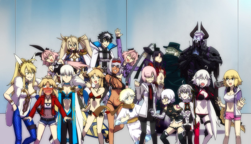 6+boys 6+girls animal_ears artoria_pendragon_(fate) artoria_pendragon_(swimsuit_ruler)_(fate) astolfo_(fate) astolfo_(memories_at_trifas)_(fate) astolfo_(saber)_(fate) bandages belt black_belt black_hair blonde_hair blue_eyes blue_fire blush bra bradamante_(fate) bradamante_(third_ascension)_(fate) breasts caenis_(swimsuit_rider)_(first_ascension)_(fate) cape charlemagne_(fate) closed_eyes dark_skin edmond_dantes_(fate) fang fate/grand_order fate_(series) fire glasses green_cape green_eyes green_hat hat headpat headphones headpiece highres holding holding_sword holding_weapon hood hoodie horns jack_the_ripper_(fate/apocrypha) jacket jeanne_d'arc_(fate) jeanne_d'arc_alter_(fate) jeanne_d'arc_alter_(swimsuit_berserker)_(fate) jeanne_d'arc_alter_santa_lily_(fate) king_hassan_(fate) large_breasts lazyartlazy12 mash_kyrielight medium_breasts mordred_(fate) mordred_(memories_at_trifas)_(fate) mordred_(swimsuit_rider)_(first_ascension)_(fate) morgan_le_fay_(fate) multicolored_hair multiple_boys multiple_girls open_clothes open_mouth pink_hair pink_shorts playboy_bunny ponytail purple_jacket rabbit_ears scarf shirt shorts small_breasts swimsuit sword taira_no_kagekiyo_(fate) tank_top thumbs_down twintails underwear ushiwakamaru_(fate) violet_eyes voyager_(fate) weapon white_cape white_hair white_hoodie white_shirt yellow_eyes