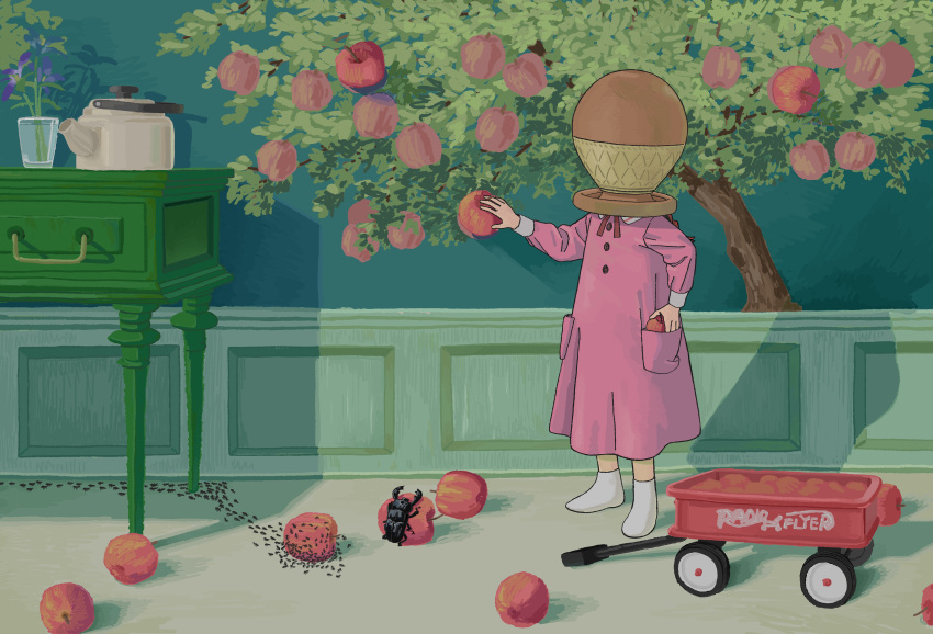 1girl absurdres ant apple apple_tree braid bug child commentary_request covered_face cup drawer dress drinking_glass flower food fruit full_body highres holding holding_food holding_fruit indoors kettle long_hair long_sleeves neck_ribbon original picking_fruit pink_dress plant pocket pot_on_head potted_plant purple_flower red_ribbon ribbon scenery shadow socks solo stag_beetle standing surreal tree wagon wallpaper_(object) white_socks wide_shot yoshiaki_(yosiaki02)