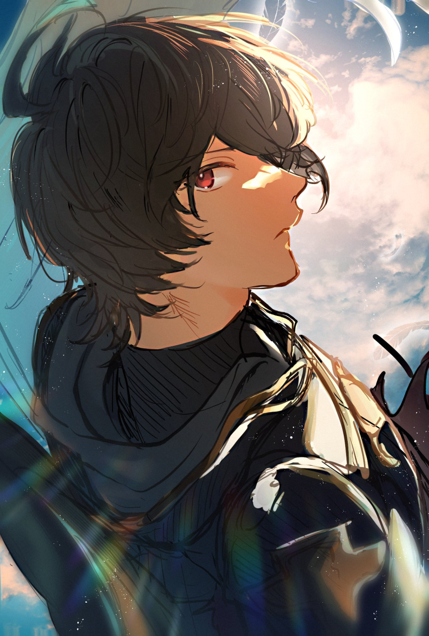 1boy ahoge armor backlighting breastplate brown_hair clouds cloudy_sky commentary commentary_request expressionless from_side granblue_fantasy hair_between_eyes highres hood hood_down light_frown light_particles light_rays looking_back male_focus messy_hair pakkuncho red_eyes sandalphon_(granblue_fantasy) sky solo_focus turtleneck