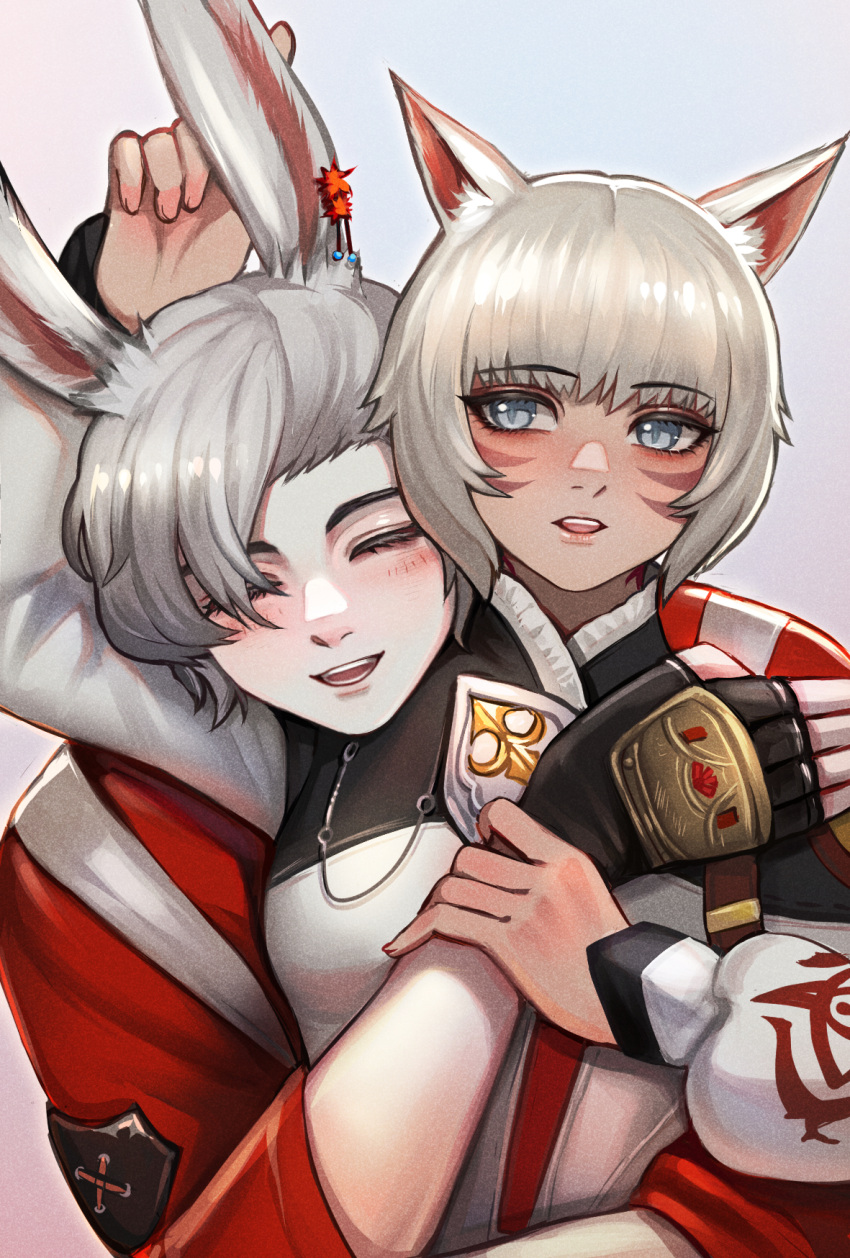 1boy 1girl animal_ear_fluff animal_ears cat_ears closed_eyes commentary_request dark-skinned_female dark_skin facial_mark facing_viewer final_fantasy final_fantasy_xiv fingerless_gloves gloves grey_background grey_hair hairtail hand_on_another's_arm happy hetero highres hug hug_from_behind looking_at_another miqo'te neck_tattoo open_mouth rabbit_ears short_hair smile swept_bangs tattoo upper_body viera warrior_of_light_(ff14) white_hair y'shtola_rhul