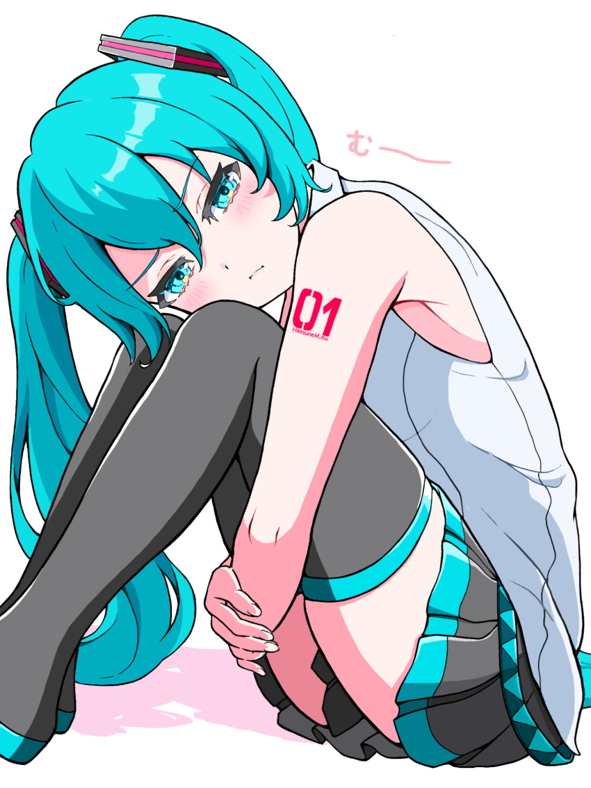 1girl annoyed aqua_eyes aqua_hair boots collared_shirt commentary dot_nose from_side furrowed_brow grey_footwear grey_skirt hair_between_eyes hair_ornament hatsune_miku highres hugging_own_legs knees_up light_blush long_hair looking_at_viewer miniskirt pleated_skirt pout shadow shirt sidelocks simple_background sitting skirt sleeveless sleeveless_shirt thigh_boots thighs translated twintails uzuki_sena very_long_hair vocaloid white_background white_shirt