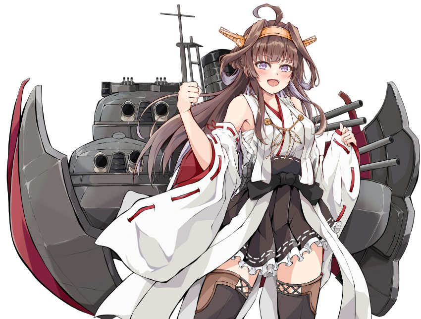 1girl ahoge bare_shoulders black_skirt black_thighhighs blush brown_hair cowboy_shot dairyo3 detached_sleeves double_bun frilled_skirt frills hair_bun hairband headgear highres japanese_clothes kantai_collection kongou_(kancolle) kongou_kai_ni_(kancolle) long_hair looking_at_viewer machinery nontraditional_miko open_mouth pleated_skirt ribbon-trimmed_sleeves ribbon_trim rigging simple_background skirt smile solo thigh-highs turret violet_eyes white_background white_sleeves wide_sleeves