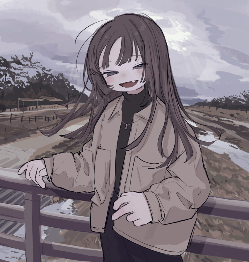 1girl absurdres black_sweater brown_hair brown_jacket clouds cloudy_sky day fang half-closed_eyes highres jacket jewelry long_hair long_sleeves looking_at_viewer necklace open_clothes open_jacket open_mouth original outdoors railing sky solo sweater yunoki_itsugu