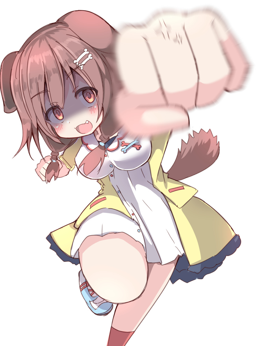 1girl :d absurdres animal_ears blue_footwear bone_hair_ornament braid breasts brown_eyes brown_hair cartoon_bone commentary_request dog_ears dog_girl dog_tail dress fang hair_ornament hair_over_shoulder highres hololive incoming_attack incoming_punch inugami_korone inugami_korone_(1st_costume) jacket long_hair looking_at_viewer low_twintails medium_breasts open_clothes open_jacket punching red_socks shaded_face shoes simple_background smile socks solo standing standing_on_one_leg tail twin_braids twintails umberblack virtual_youtuber white_background white_dress yellow_jacket