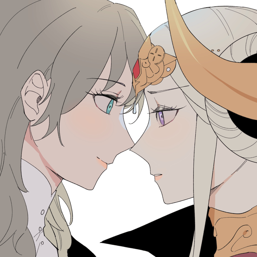 2girls b_(wldms6650) blue_eyes byleth_(female)_(fire_emblem) byleth_(fire_emblem) closed_mouth commentary edelgard_von_hresvelg english_commentary eye_contact fire_emblem fire_emblem:_three_houses grey_hair highres horns long_hair looking_at_another multiple_girls noses_touching parted_lips simple_background smile tiara upper_body violet_eyes white_background white_hair yuri