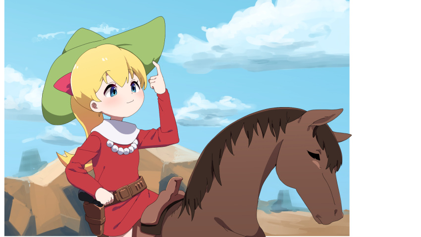 1girl blonde_hair blue_eyes blue_sky blush chargeman_ken! closed_mouth clouds commentary_request cowboy_hat cowboy_shot day dress fuka_(kantoku) green_hat hat highres holster horse horseback_riding izumi_caron jewelry long_hair long_sleeves medium_bangs necklace outdoors pearl_necklace ponytail red_dress riding saddle sky smile solo