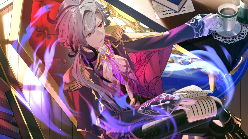 1boy absurdres belt blue_fire chair cross-shaped_pupils cup edmond_dantes_(fate) fate/grand_order fate_(series) fire gloves glowing gradient_hair grey_hair highres holding holding_cup light_(nightty45) male_focus multicolored_hair on_chair purple_fire reading red_eyes sitting solo symbol-shaped_pupils the_count_of_monte_cristo_(fate)