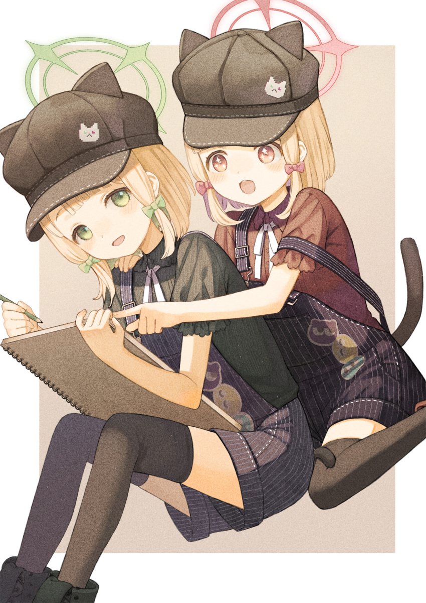 2girls alternate_costume black_hat black_overalls black_thighhighs blonde_hair blue_archive blush bow cabbie_hat green_bow green_eyes green_halo green_shirt hair_bow halo hat highres holding holding_notebook holding_pencil midori_(blue_archive) momoi_(blue_archive) multiple_girls notebook open_mouth original-orange-610917 overall_shorts overalls pencil pink_halo red_bow red_eyes red_shirt shirt short_hair siblings sisters smile thigh-highs twins